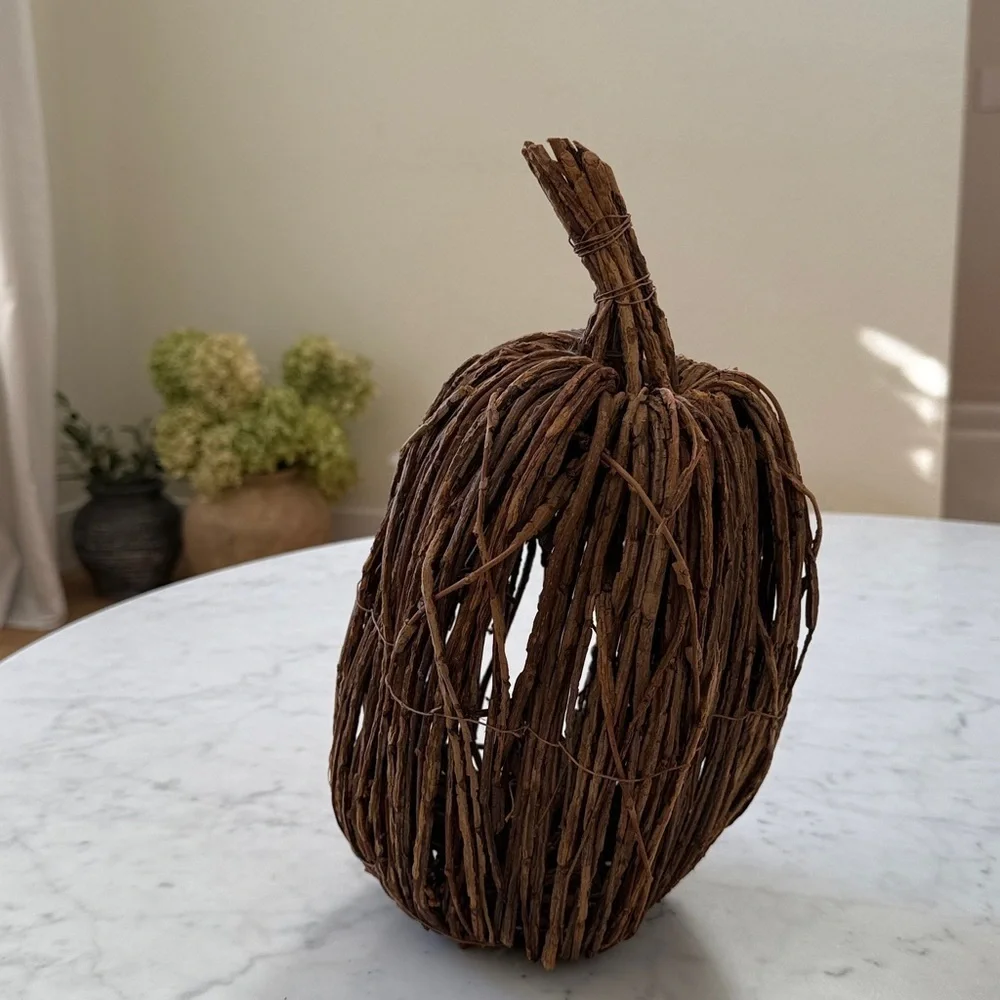Crate & Barrel Large Wicker Pumpkin Fall Harvest Thanksgiving Decor